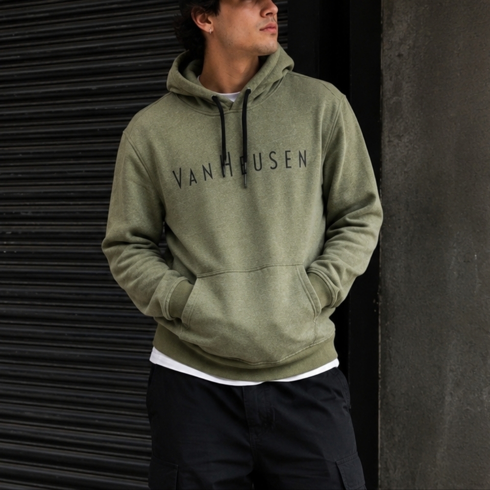 Van Heusen Olive Green Logo Hoodie Size Large Men’s Pullover Sweatshirt Casual